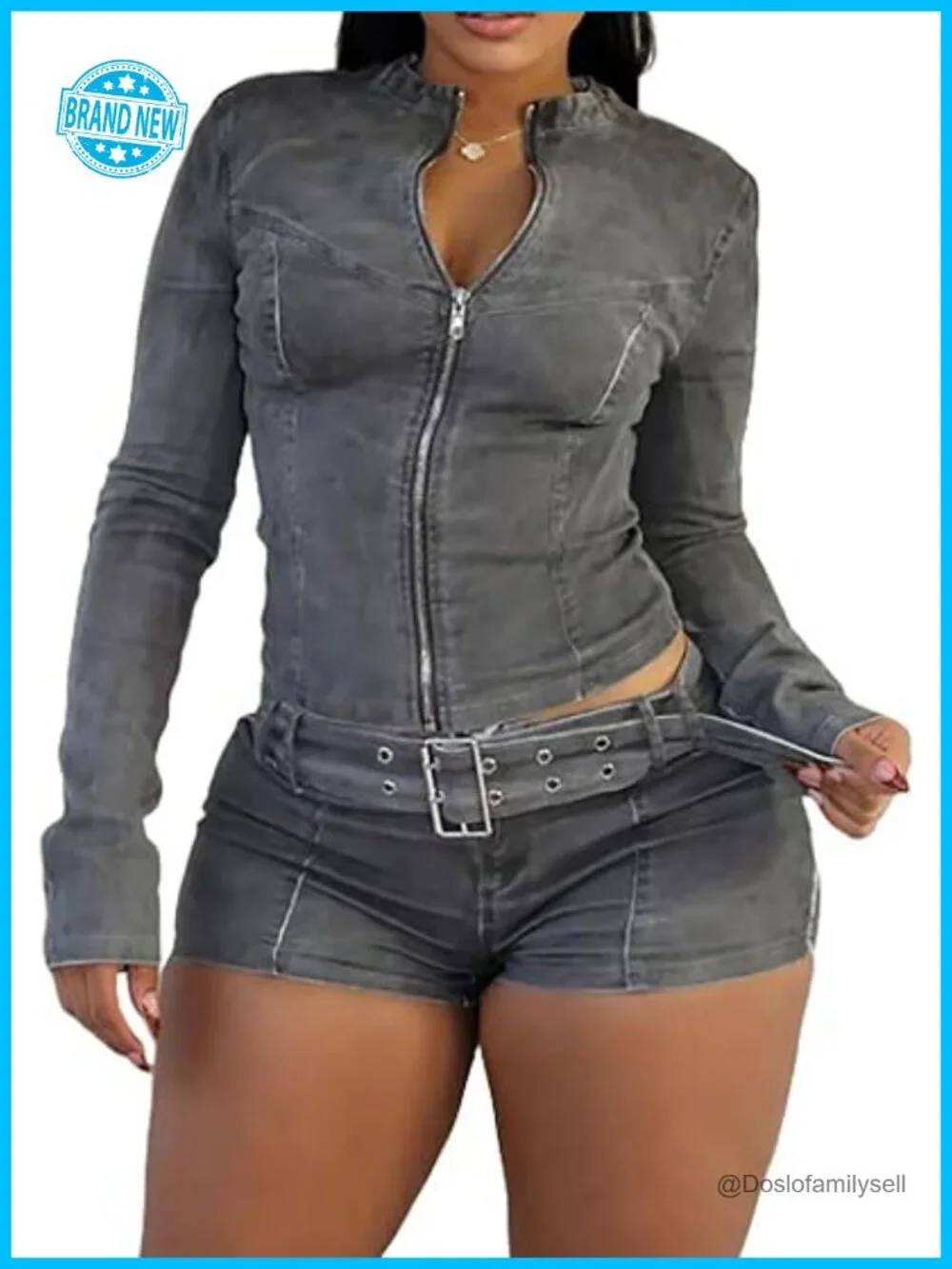 2 Piece Denim Outfits Long Sleeve Zip Up Cropped Jacket Skinny Shorts Set with